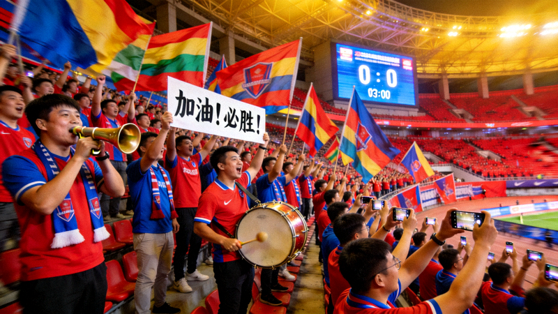 球迷在球场看台为球队助威的现场画面